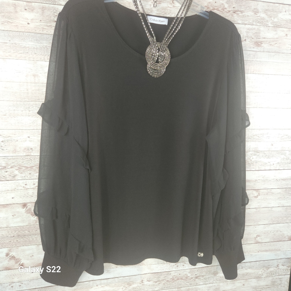 Calvin Klein, Women's Black Tunic Top With Sheer Ballon Long Sleeves and Cuffs. - Picture 7 of 11